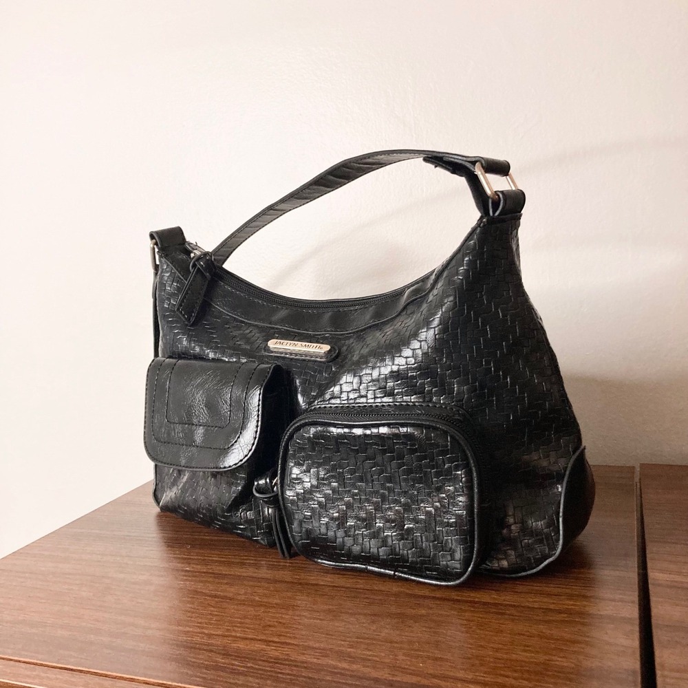 Y2K Black Woven Faux Leather Shoulder Bag Jaclyn Smith Multi Pocket Hobo Purse